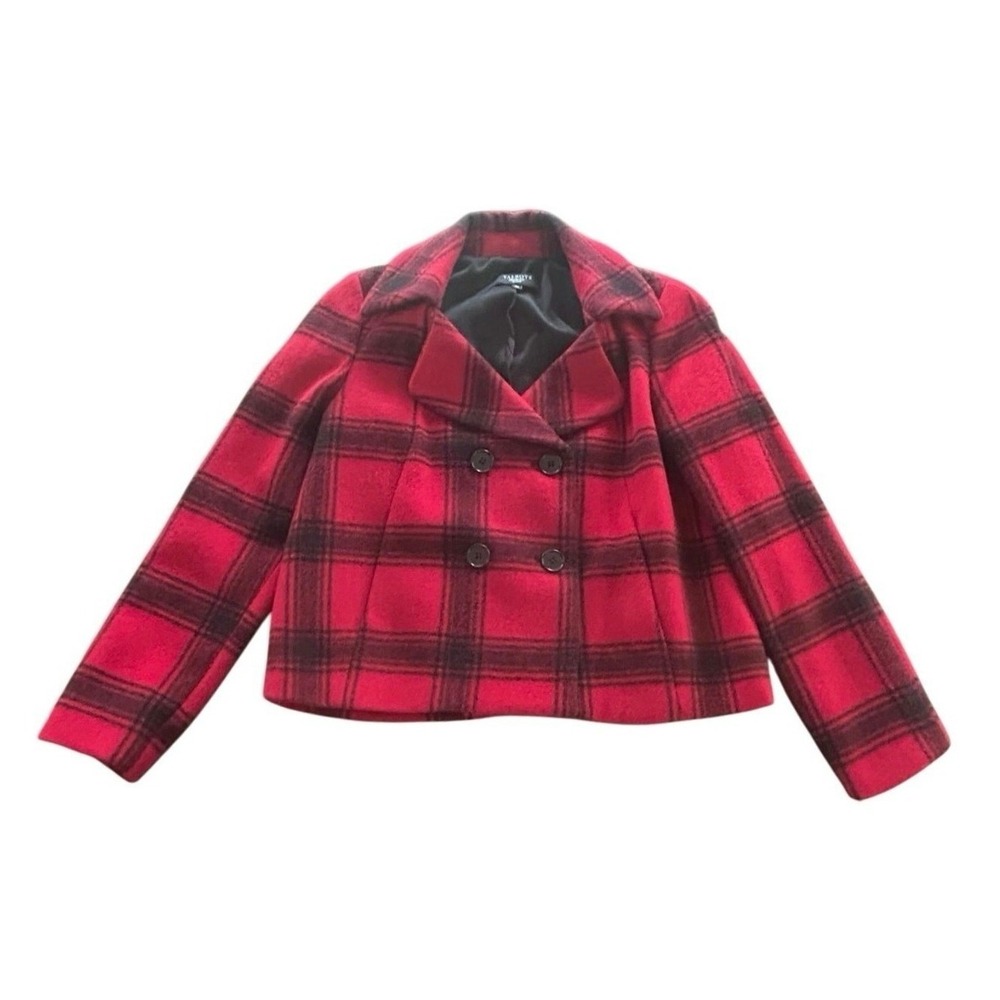 Talbots Plaid Pea Coat 10P Red Wool Alpaca Double Breasted Dark Academia Holiday